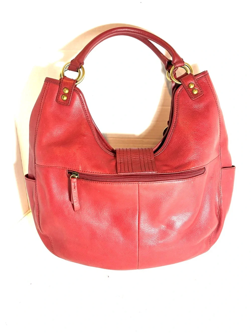 A.N.A. Red 100% Cowhide Leather Hobo Handbag Short Shoulder Stapes Gold-Tone HW